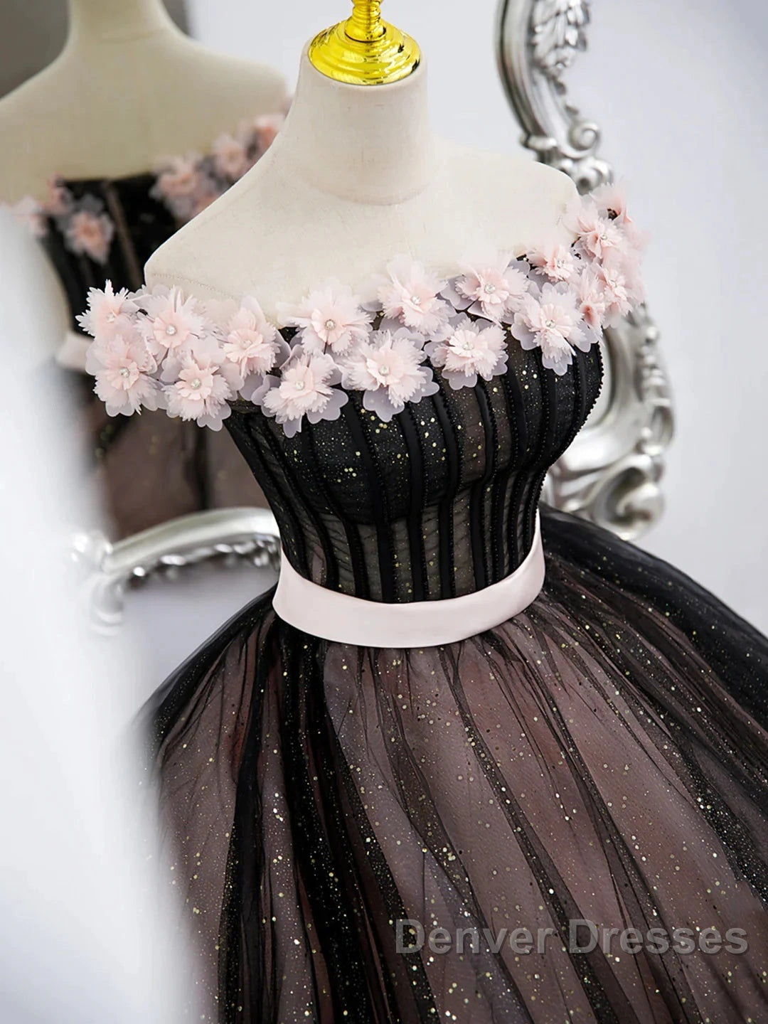 Black Tulle & Pink Flowers Sparkle Prom Dress