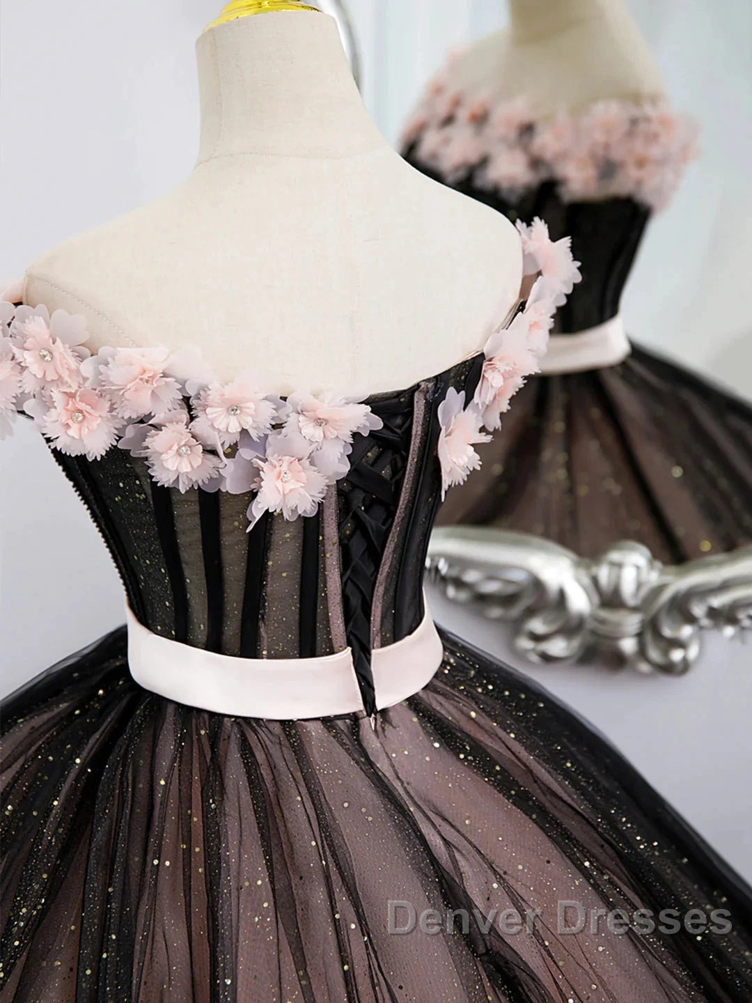 Black Tulle & Pink Flowers Sparkle Prom Dress