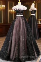 Black Tulle & Pink Flowers Sparkle Prom Dress
