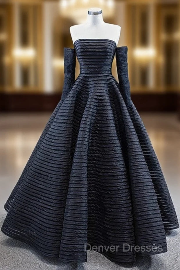 Black Tulle Pleats Strapless Prom Dress With Detachable Sleeve Main image