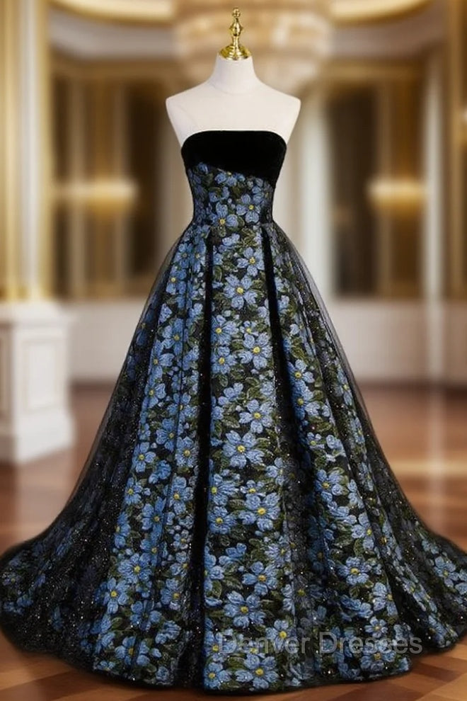 Black Tulle Print Strapless Prom Dress Main image