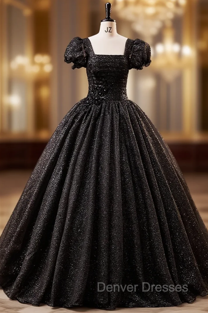 Black Tulle Puff Sleeve Appliques Pleats Quinceanera Dress
