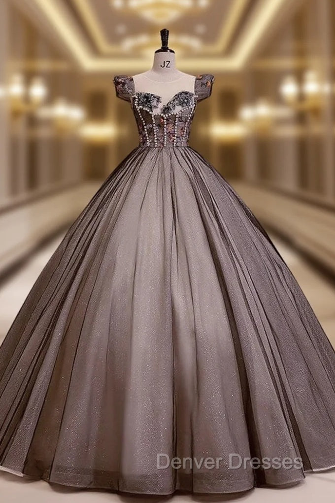 Black Tulle Puff Sleeve Appliques Quinceanera Dress