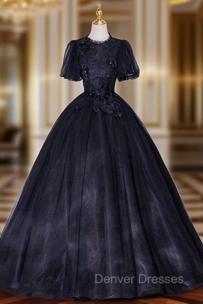 Black Tulle Puff Sleeve Backless Appliques Quinceanera Dress Main image