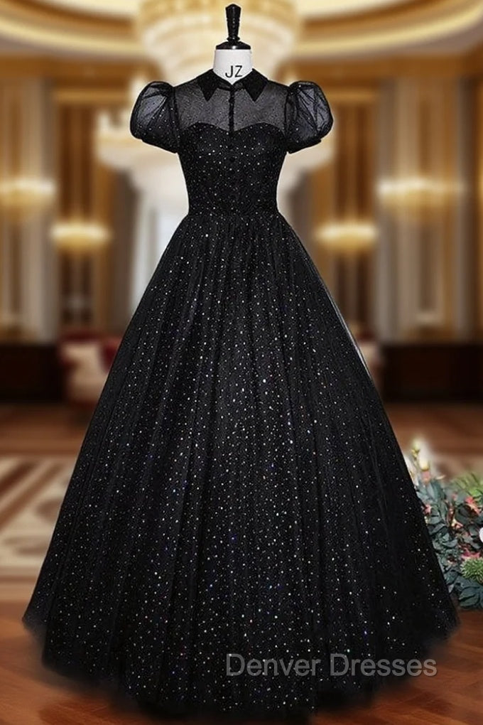 Black Tulle Puff Sleeve Prom Dress Main image