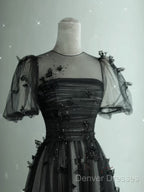 Black Tulle Puffy Short Sleeves A-Line Prom Dress, Black Evening Dress Party Dress