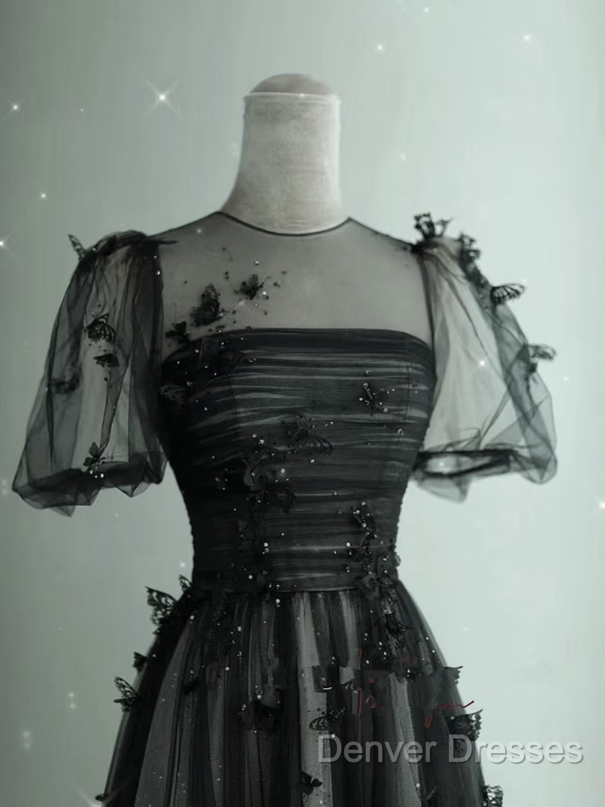 Black Tulle Puffy Short Sleeves A-Line Prom Dress, Black Evening Dress Party Dress