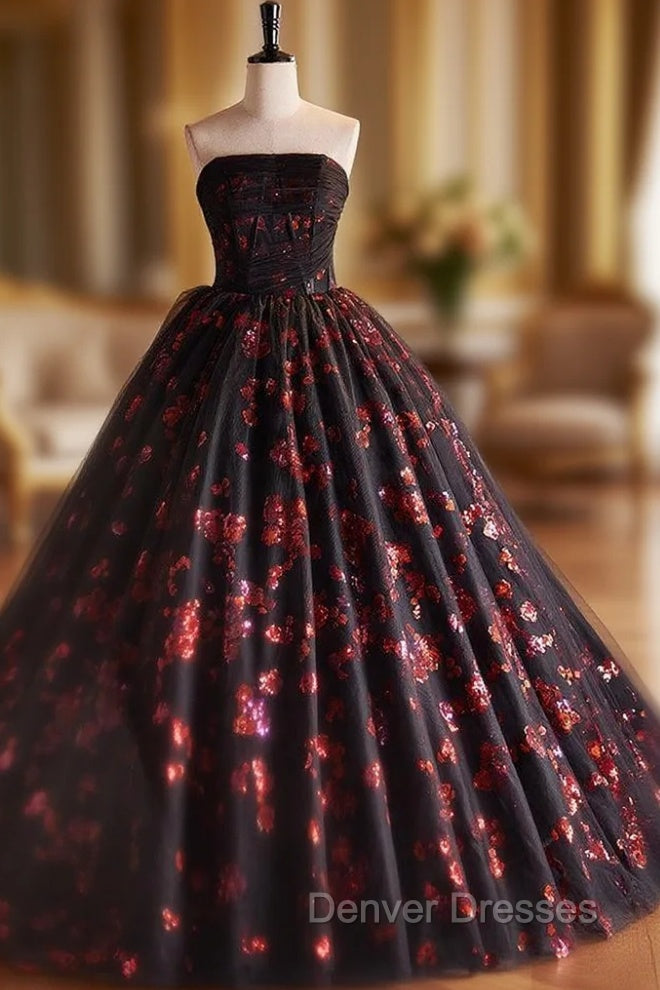 Black Tulle Red Sequins Strapless Vintage Quinceanera Dress