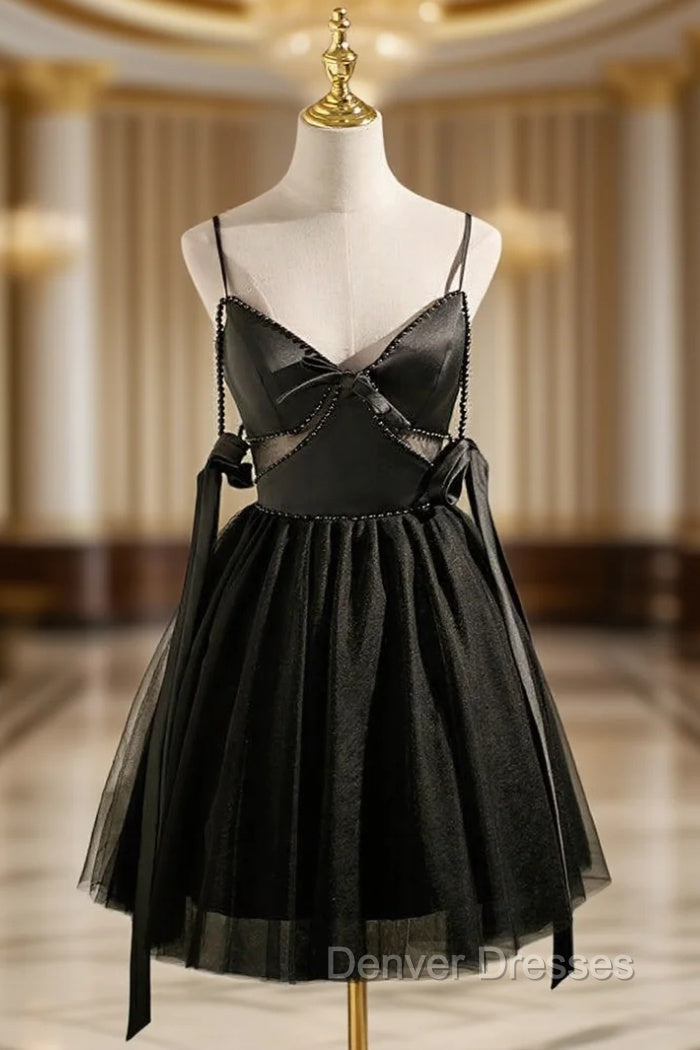 Black Tulle Satin Spaghetti Straps Pearls Homecoming Dress Main image