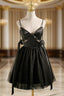 Black Tulle Satin Spaghetti Straps Pearls Homecoming Dress