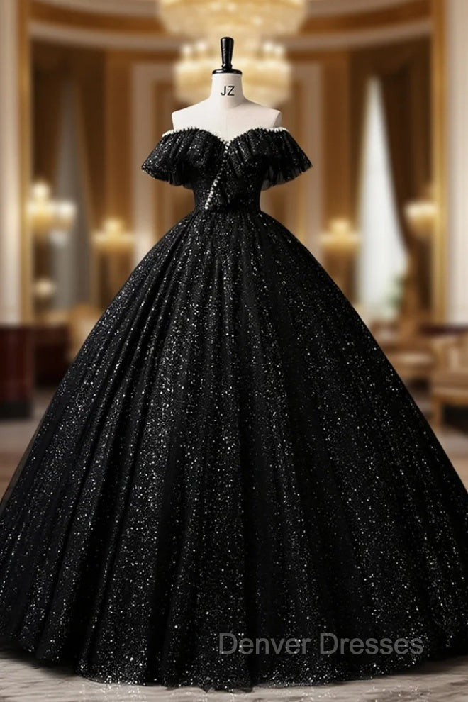 Black Tulle Sequins Beading Off the Shoulder Quinceanera Dress Main image