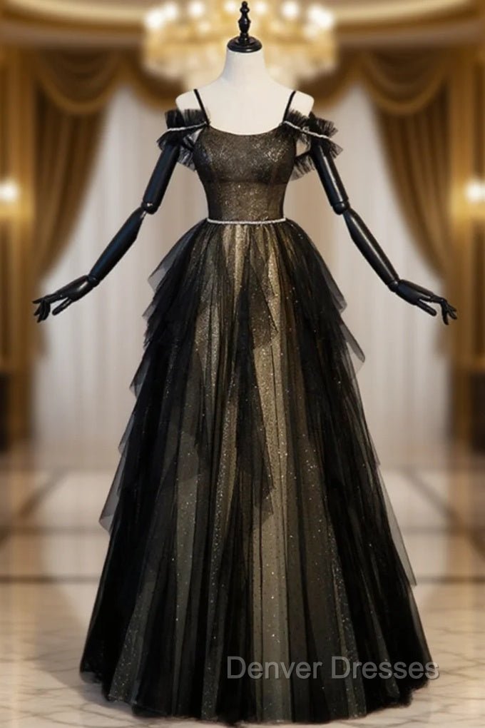 Black Tulle Sequins Beading Spaghetti Straps Prom Dress Main image