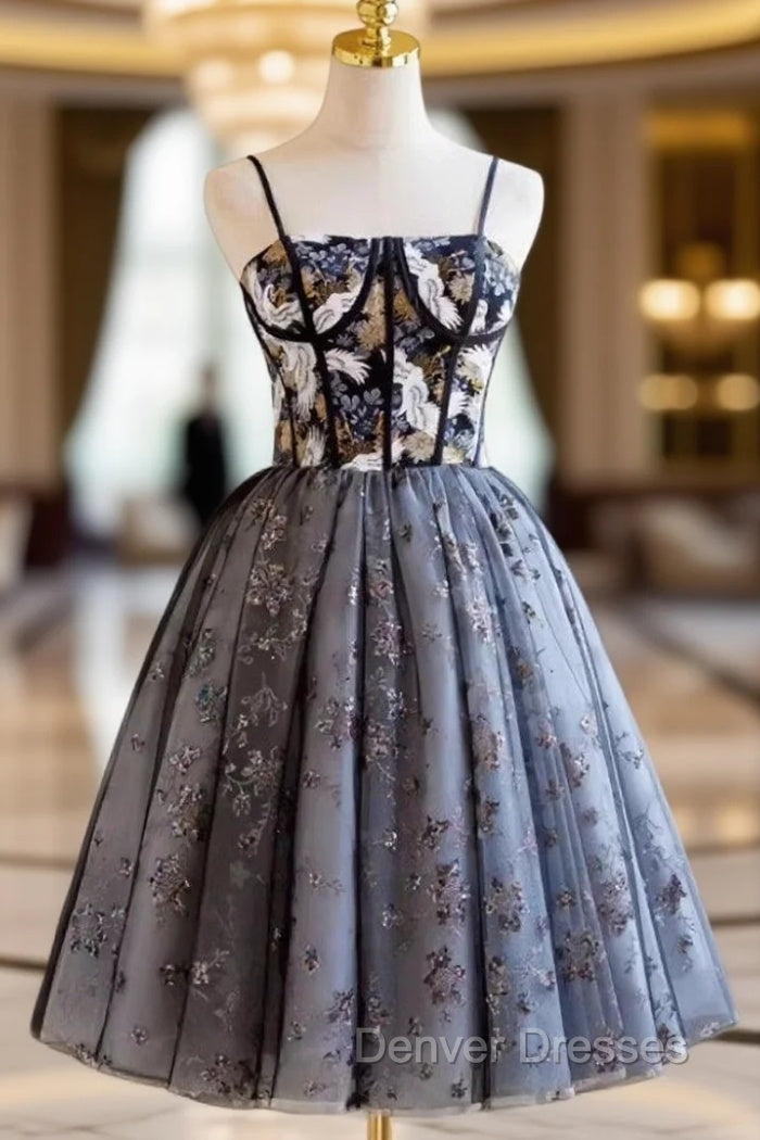 Black Tulle Sequins Embroidery Spaghetti Straps Homecoming Dress Main image