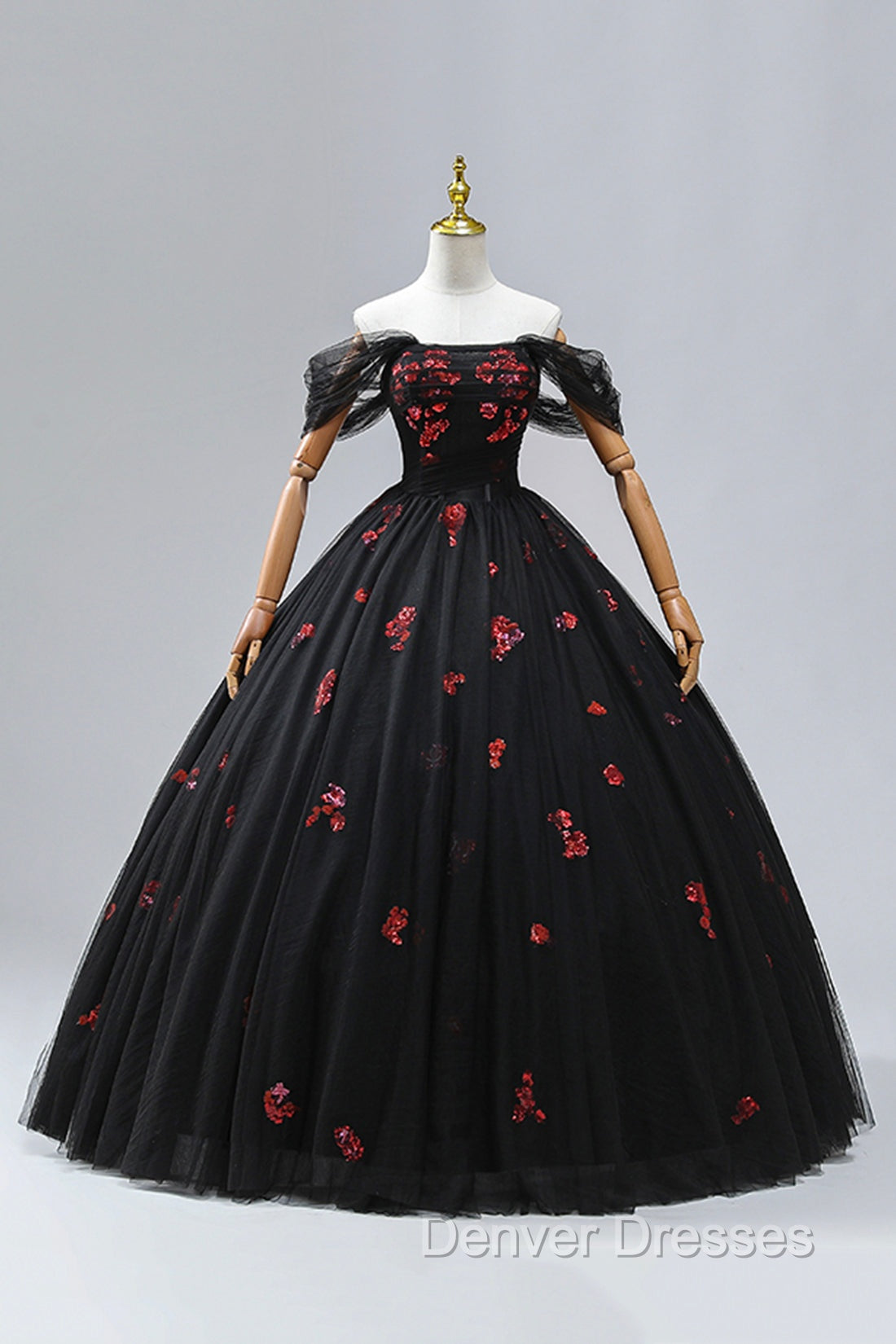 Black Tulle Sequins Long Formal Dress, A-Line Off the Shoulder Backless Evening Dress Secondary image