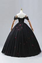 Black Tulle Sequins Long Formal Dress, A-Line Off the Shoulder Backless Evening Dress