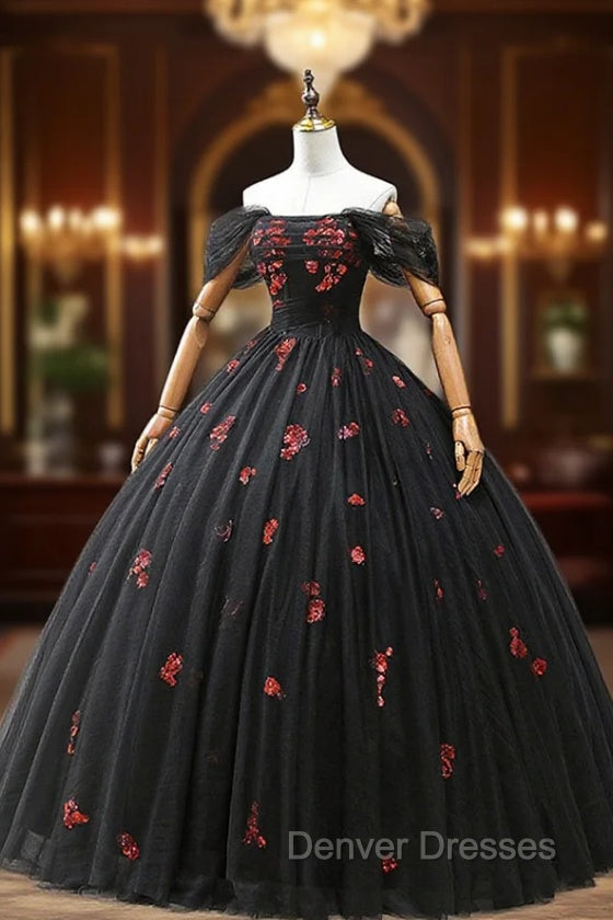 Black Tulle Sequins Long Formal Dress, A-Line Off the Shoulder Backless Evening Dress Main image