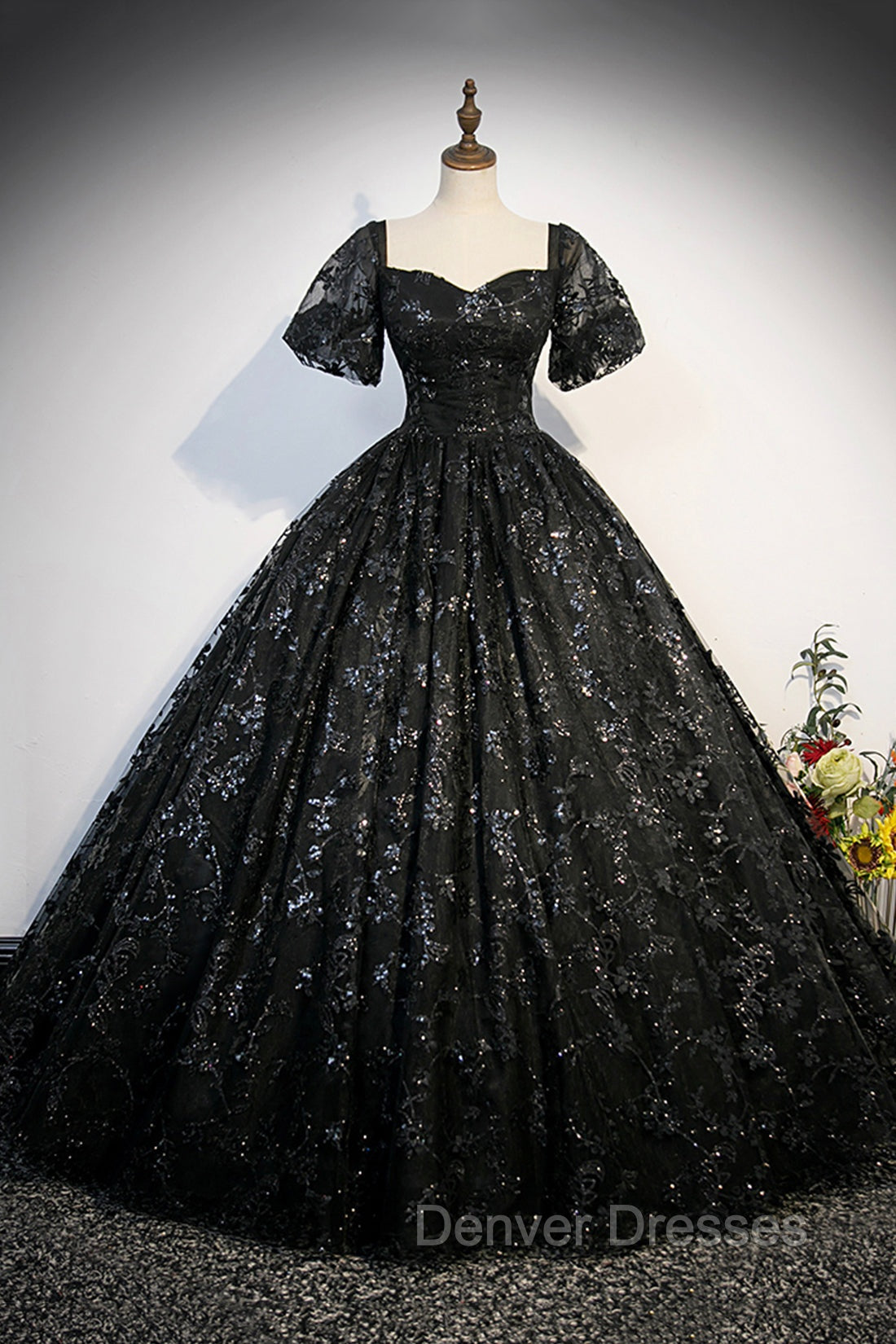 Black Tulle Sequins Long Prom Dress, A-Line Short Sleeve Formal Evening Gown Main image