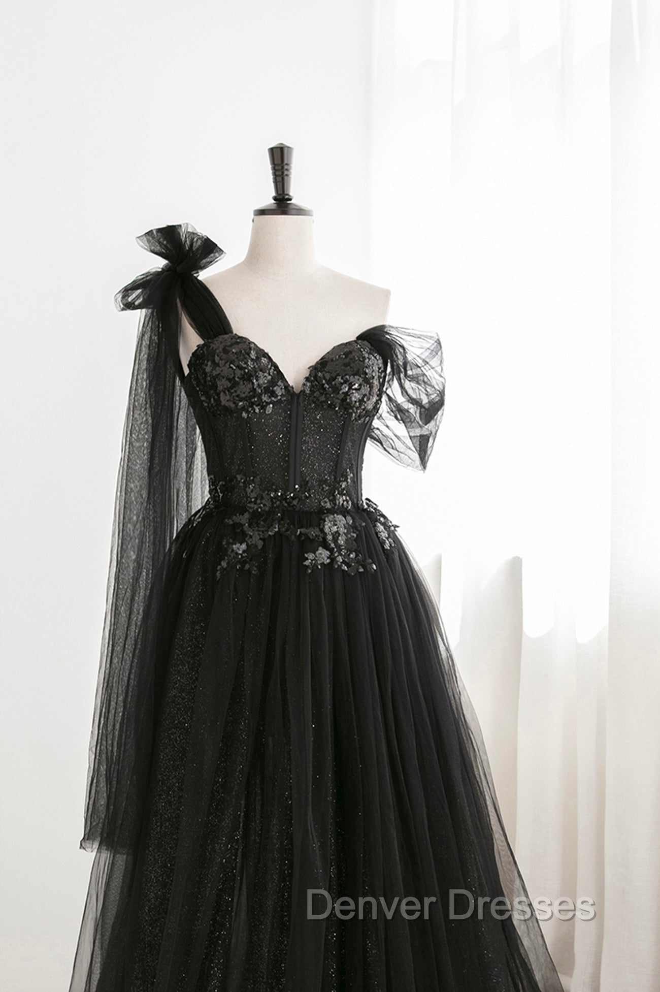 Black Tulle Sequins Long Prom Dress, Black One Shoulder Evening Dress Secondary image