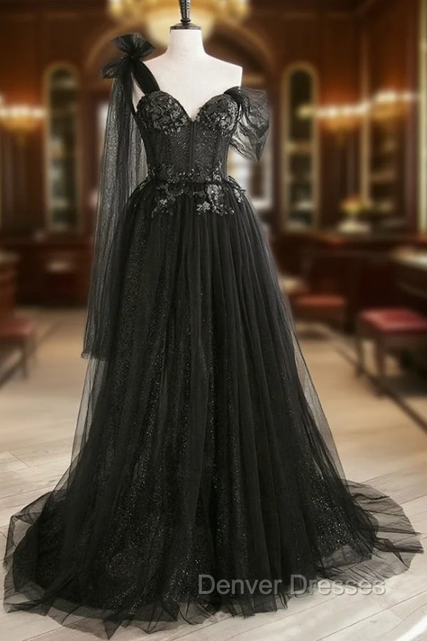 Black Tulle Sequins Long Prom Dress, Black One Shoulder Evening Dress Main image