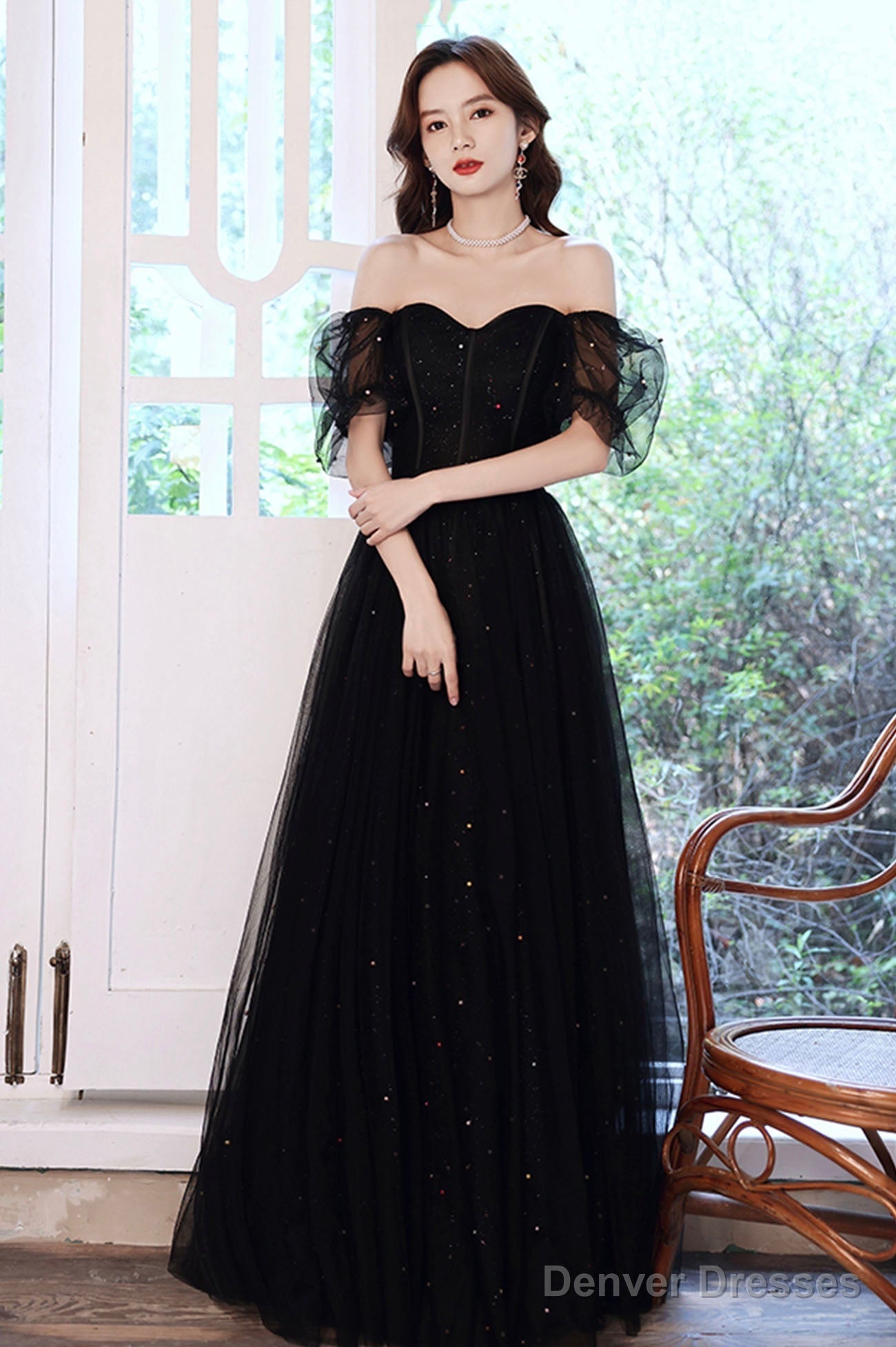 Black Tulle Sequins Long Prom Dress, Black Short Sleeve Evening Dress Secondary image