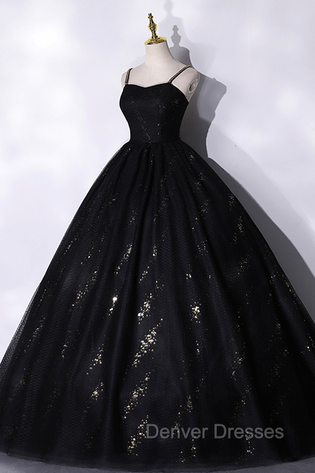 Black Tulle Sequins Long Prom Dress, Black Spaghetti Straps Evening Dress Secondary image