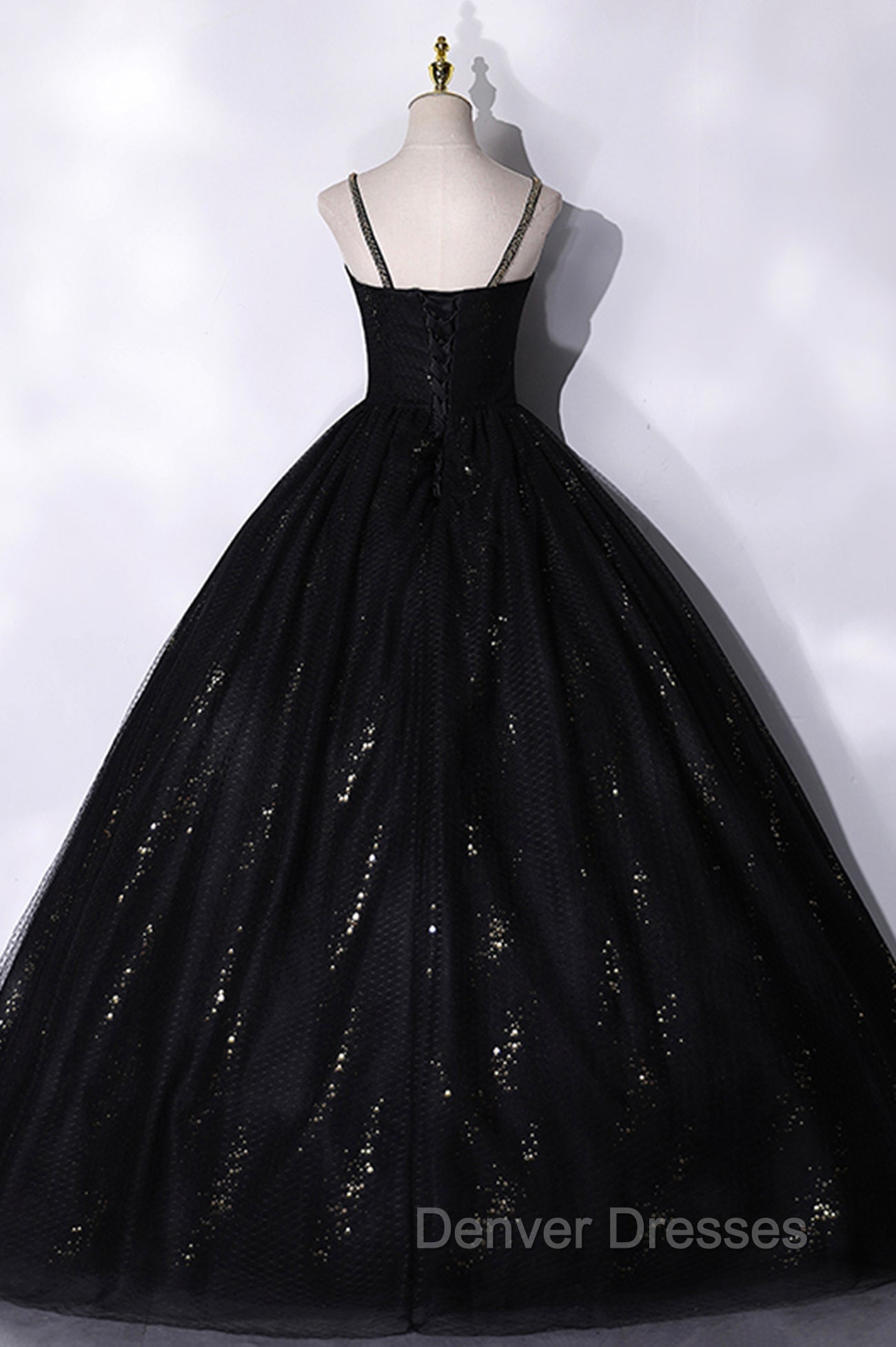 Black Tulle Sequins Long Prom Dress, Black Spaghetti Straps Evening Dress