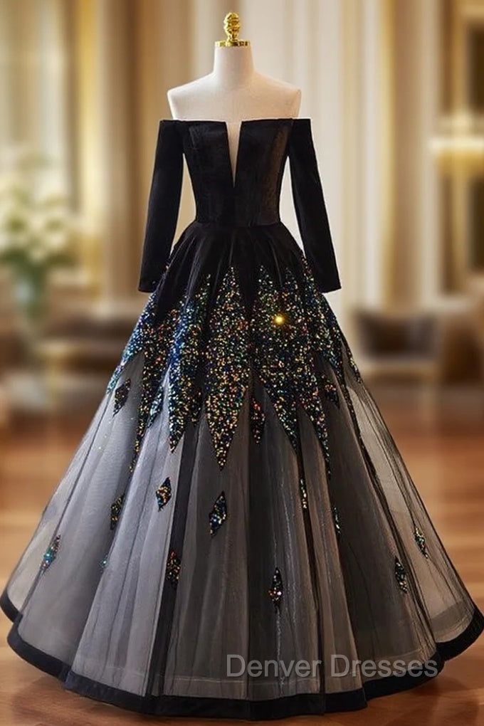 Black Tulle Sequins Long Sleeve Off the Shoulder Prom Dress Main image