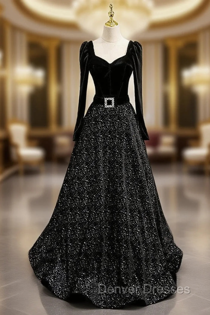 Black Tulle Sequins Long Sleeve Prom Dress Main image