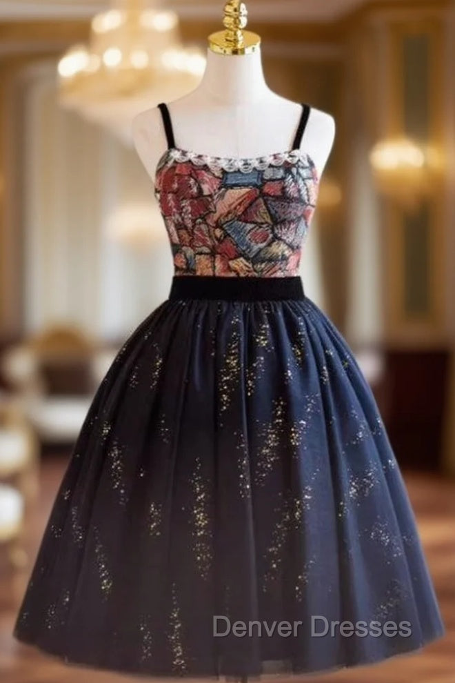 Black Tulle Sequins Print Homecoming Dress
