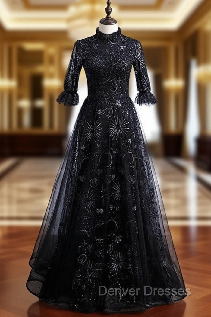 Black Tulle Sequins Short Sleeve Beading Prom Dress Main image