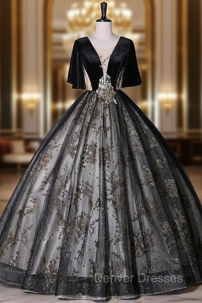 Black Tulle Sequins Short Sleeve Quinceanera Dress