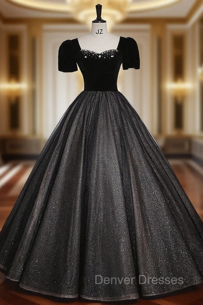 Black Tulle Sequins Square Neck Short Sleeve Beading Quinceanera Dress Main image