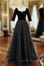 Black Tulle Sequins Square Neck Short Sleeve Prom Dress