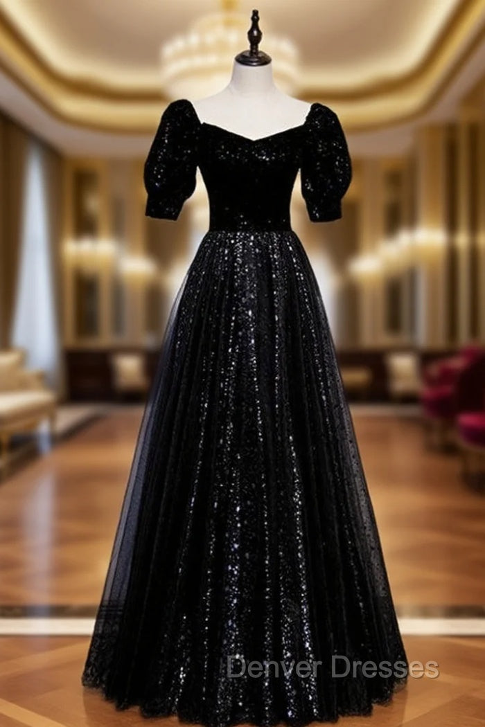 Black Tulle Sequins Square Short Sleeve Prom Dress Main image