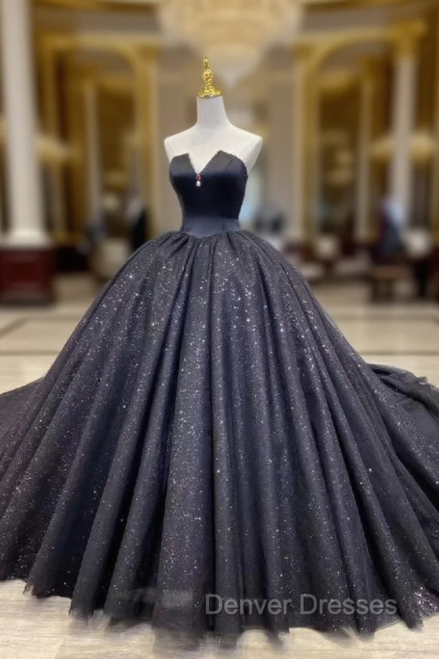 Black Tulle Sequins Strapless Wedding Dress