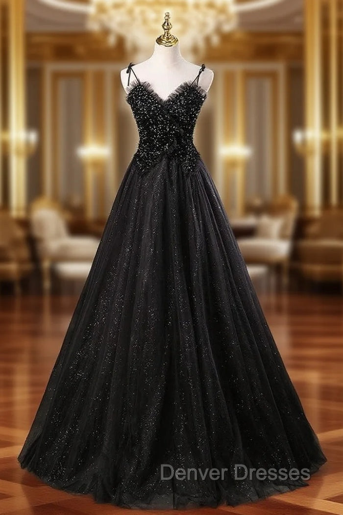 Black Tulle Sequins Straps Beading Prom Dress Main image