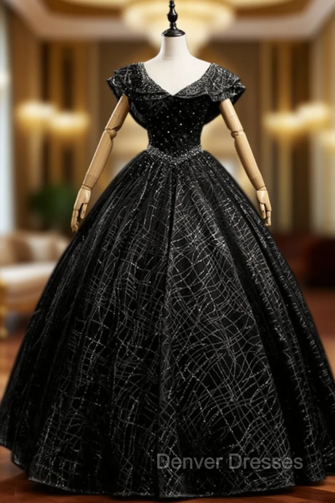 Black Tulle Sequins V-Neck Beading Quinceanera Dress