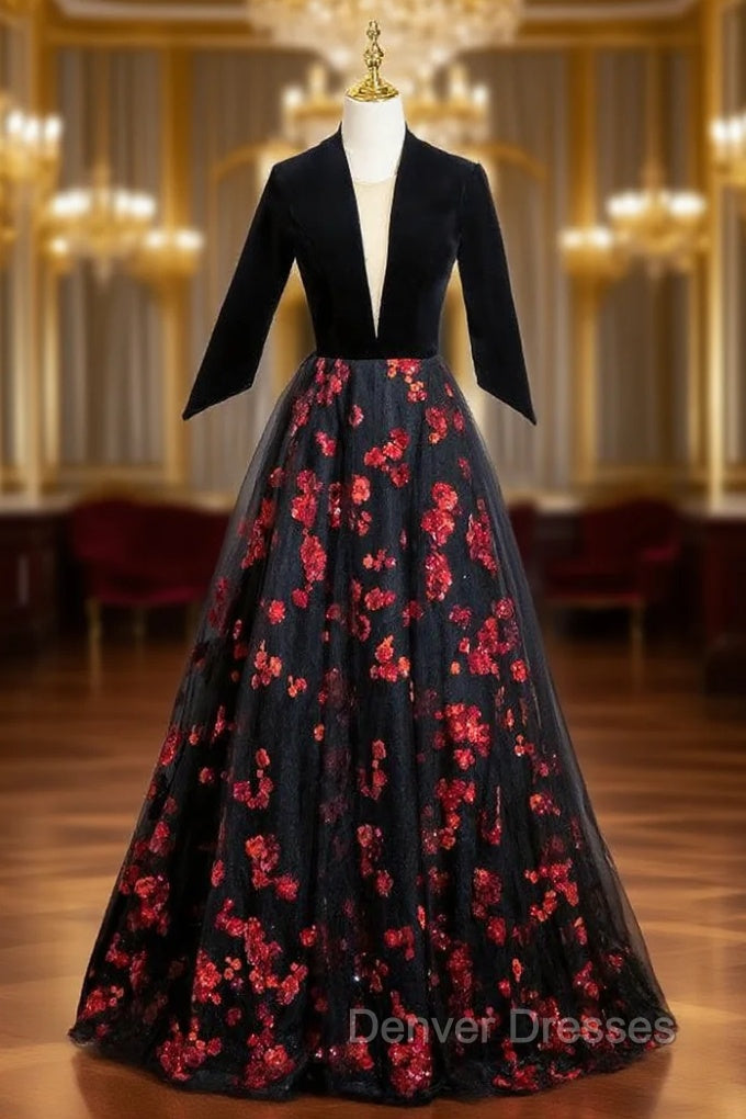 Black Tulle Sequins V-neck Short Sleeve Backless Prom Dress