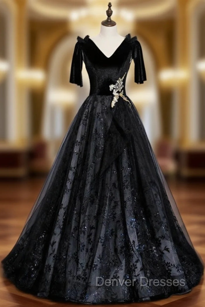 Black Tulle Sequins V-neck Short Sleeve Prom Dress Main image