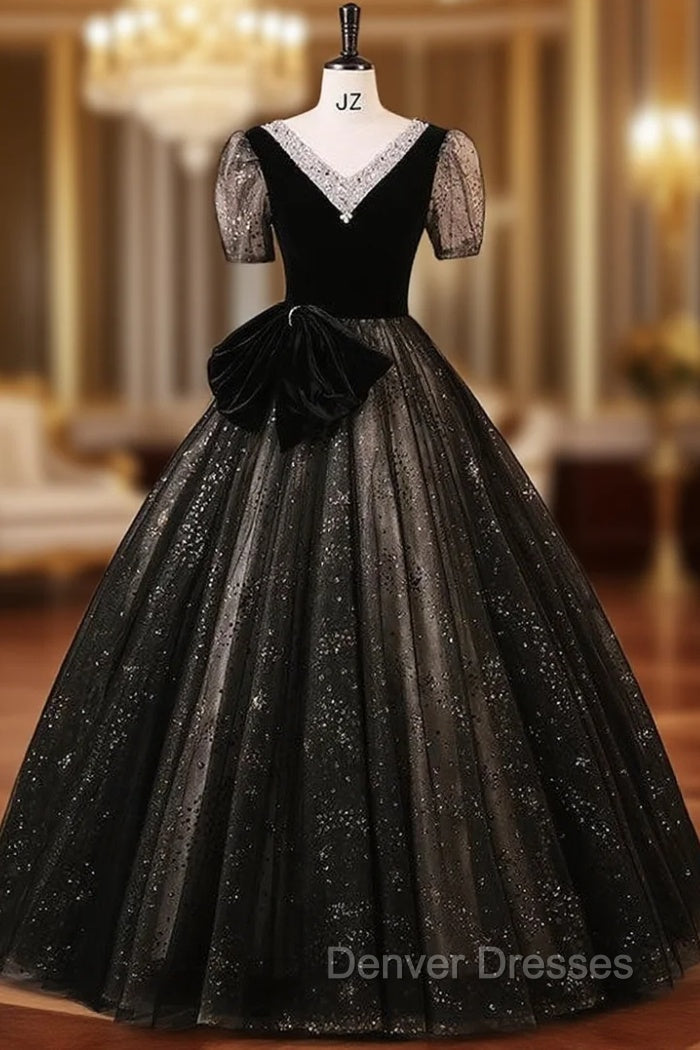 Black Tulle Sequins V-neck Short Sleeve Quinceanera Dress