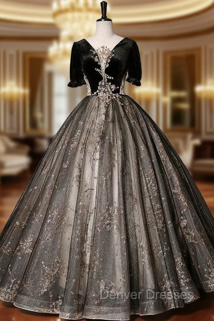 Black Tulle Sequins Velvet Quinceanera Dressline:floor length Neckline:scoop Fabric:tulle Shown Color:black Sleeve Style:short sleeve Back Style:lace up Embellishment:sequins Built-in Bra: yes