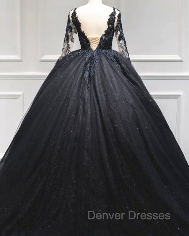 Black Tulle Sheer Neck Appliques Ball Gown Dress