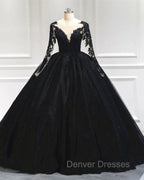 Black Tulle Sheer Neck Appliques Ball Gown Dress