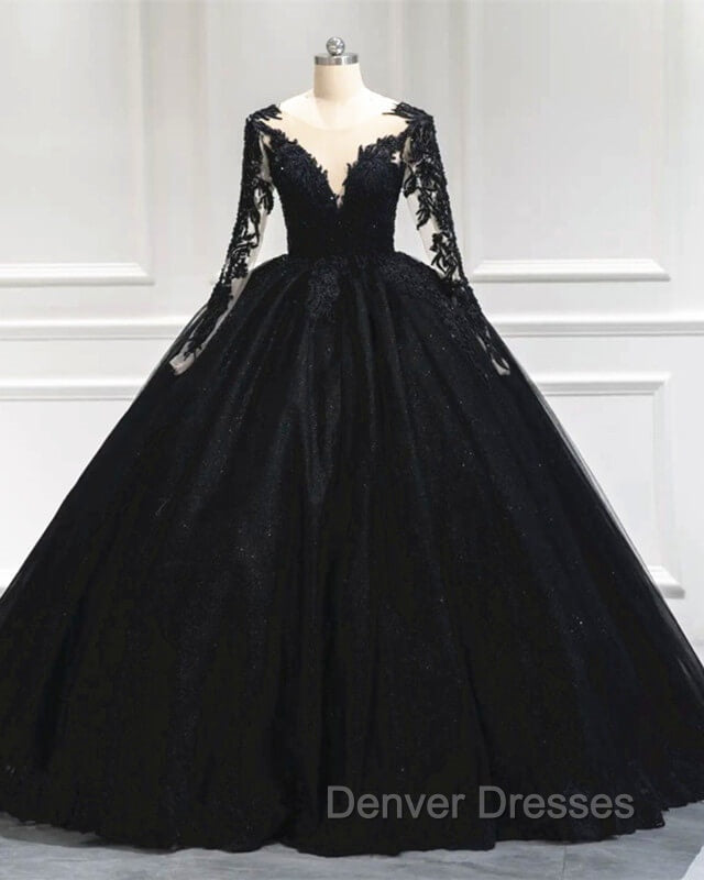 Black Tulle Sheer Neck Appliques Ball Gown Dress