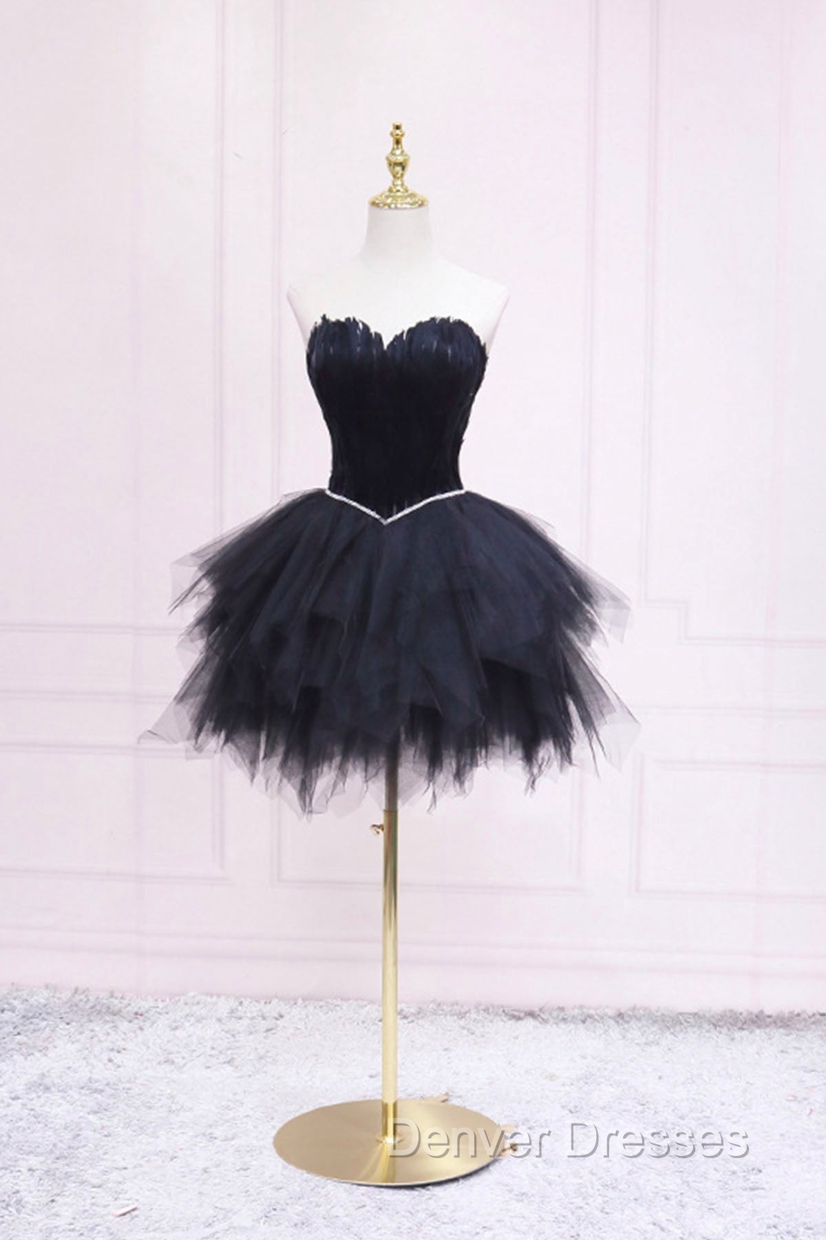 Black Tulle Short Prom Dress with Feather, A-Line Sweetheart Neckline Party Dress Secondary image