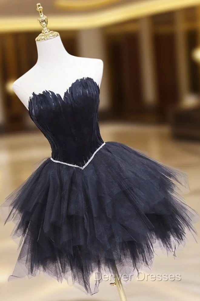 Black Tulle Short Prom Dress with Feather, A-Line Sweetheart Neckline Party Dress