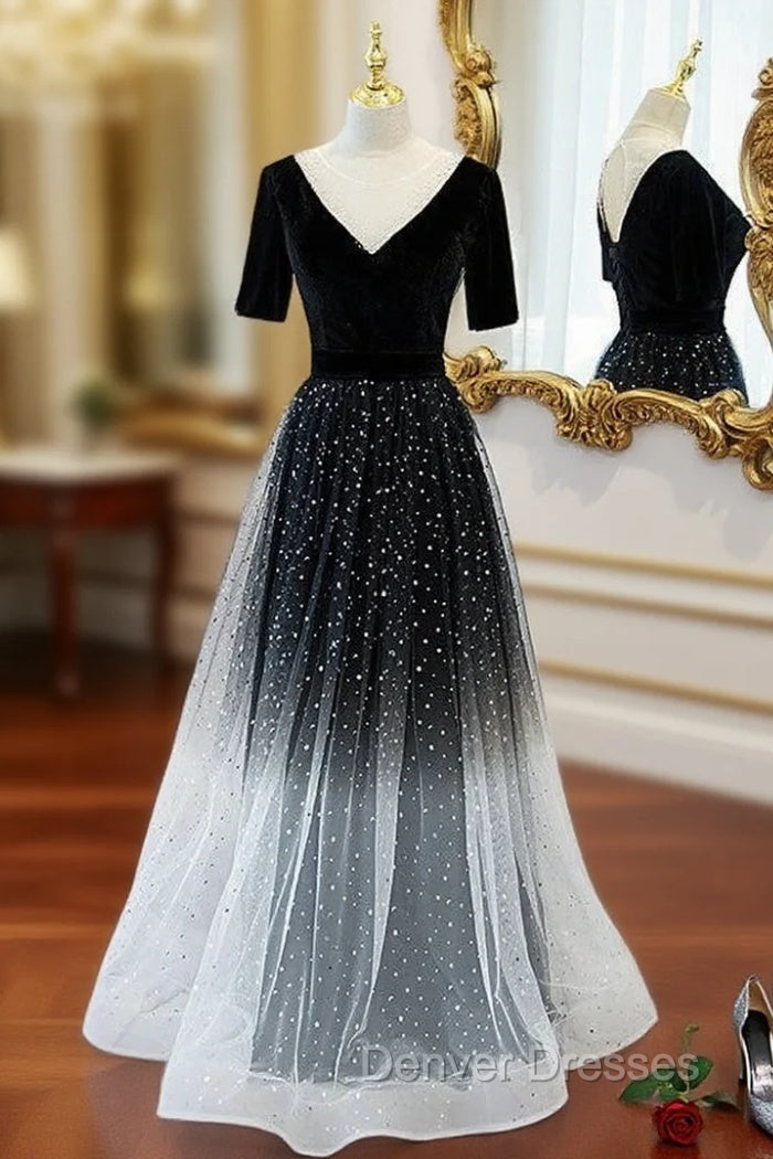 Black Tulle Short Sleeve Backless Prom Dress Main image