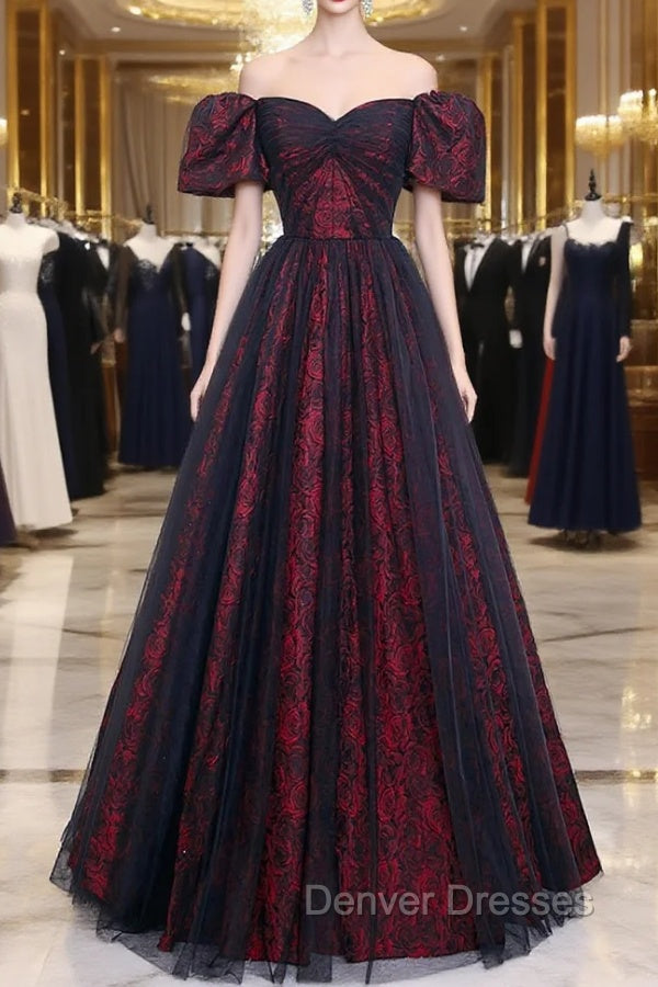 Black Tulle Short Sleeve Formal Evening Dress, Off the Shoulder Prom Dress