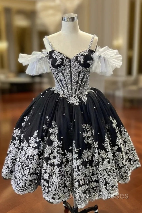 Black Tulle Silver Sequins Appliques Short Prom Dress