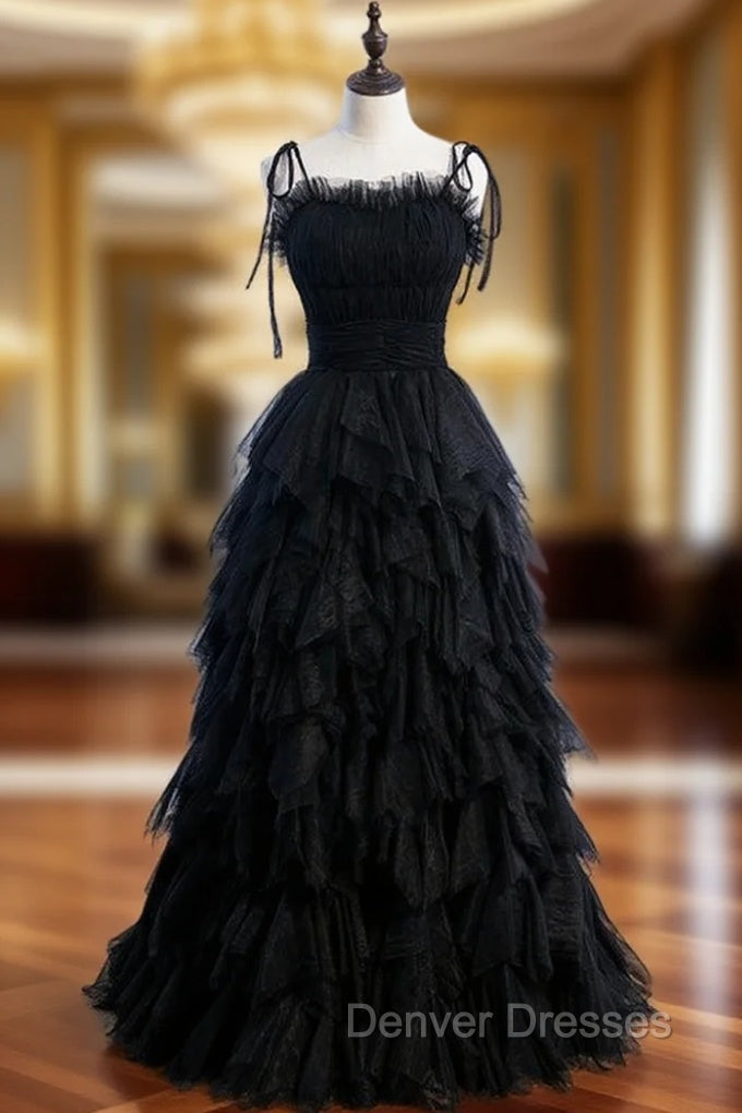 Black Tulle Spagehtti Straps Pleats Tiers Prom Dress Main image